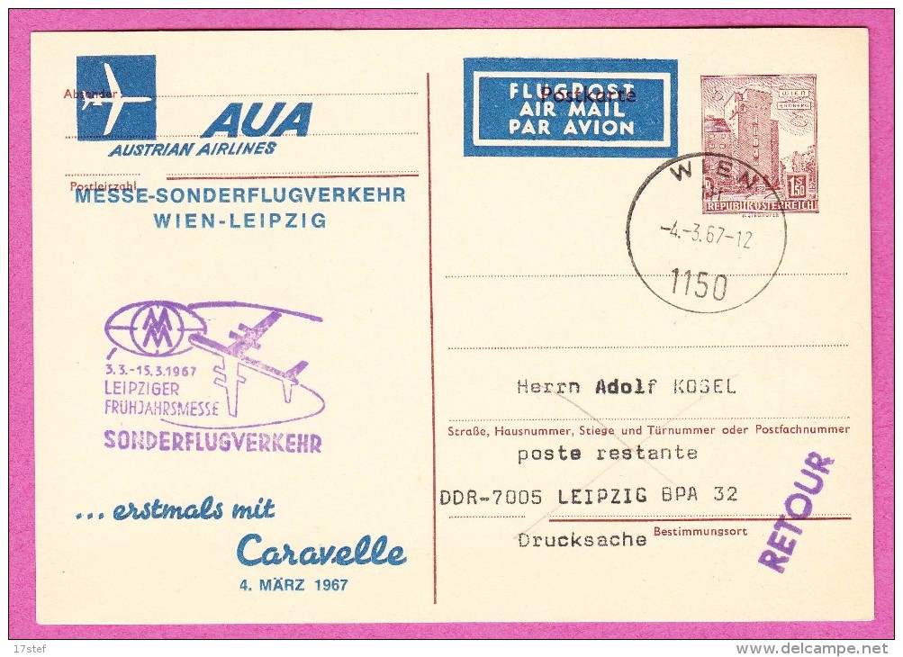 AUTRICHE AUSTRIA OSTERREICH - 1967 - Ganzsachen Entier Postal Stationary Flug Avion Plane Carvelle - Eerste Vluchten