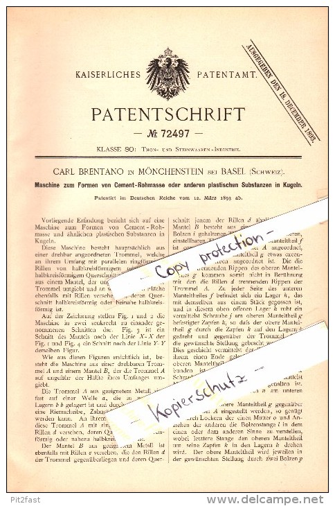 Original Patent - Carl Brentano In Münchenstein Bei Basel , 1893 , Maschine Zum Formen Von Cement-Rohmasse !!! - Sonstige & Ohne Zuordnung