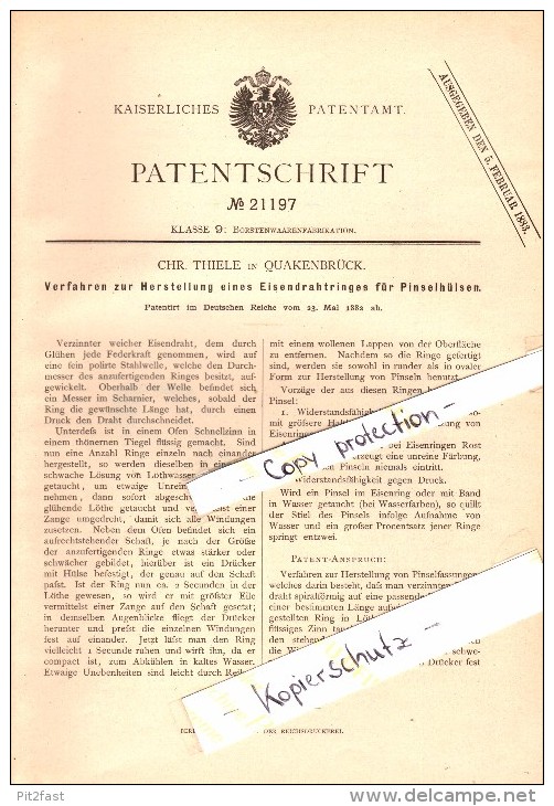 Original Patent - C. Thiele In Quakenbrück , 1882 , Herstellung Von Pinseln , Pinsel !!! - Quakenbrück