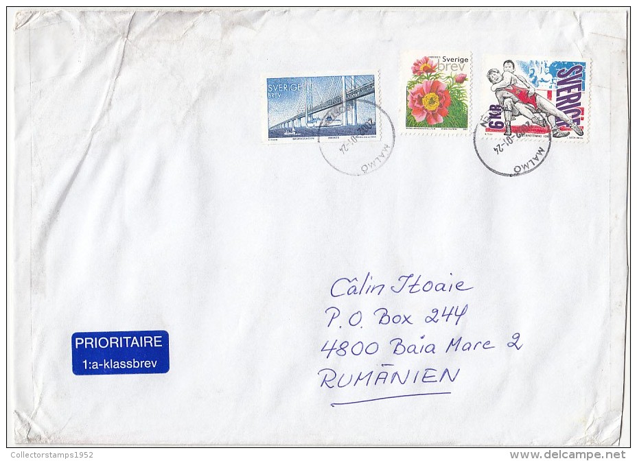 1368FM- WRESTLING, BRIDGE, SHIP, FLOWER, STAMP ON COVER, 2002, SWEDEN - Brieven En Documenten