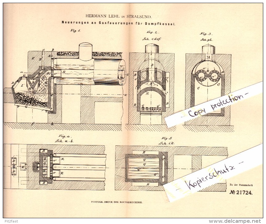 Original Patent - Hermann Lehl In Stralsund I. Mecklenburg , 1882 , Gasfeuerung Für Dampfkessel !!! - Stralsund