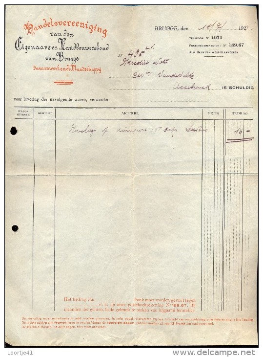 Faktuur Facture - Handelsvereniging Eigenaars En Landbouwersbond Brugge 1928 - Landwirtschaft