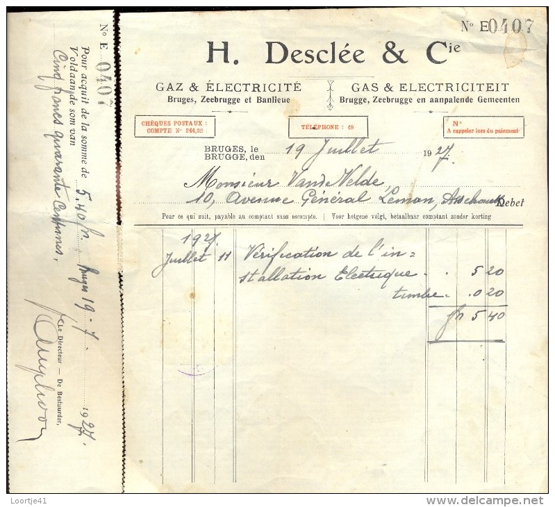 Faktuur Facture - Gas En Electriciteit Desclée & Cie - Brugge 1927 - Electricity & Gas