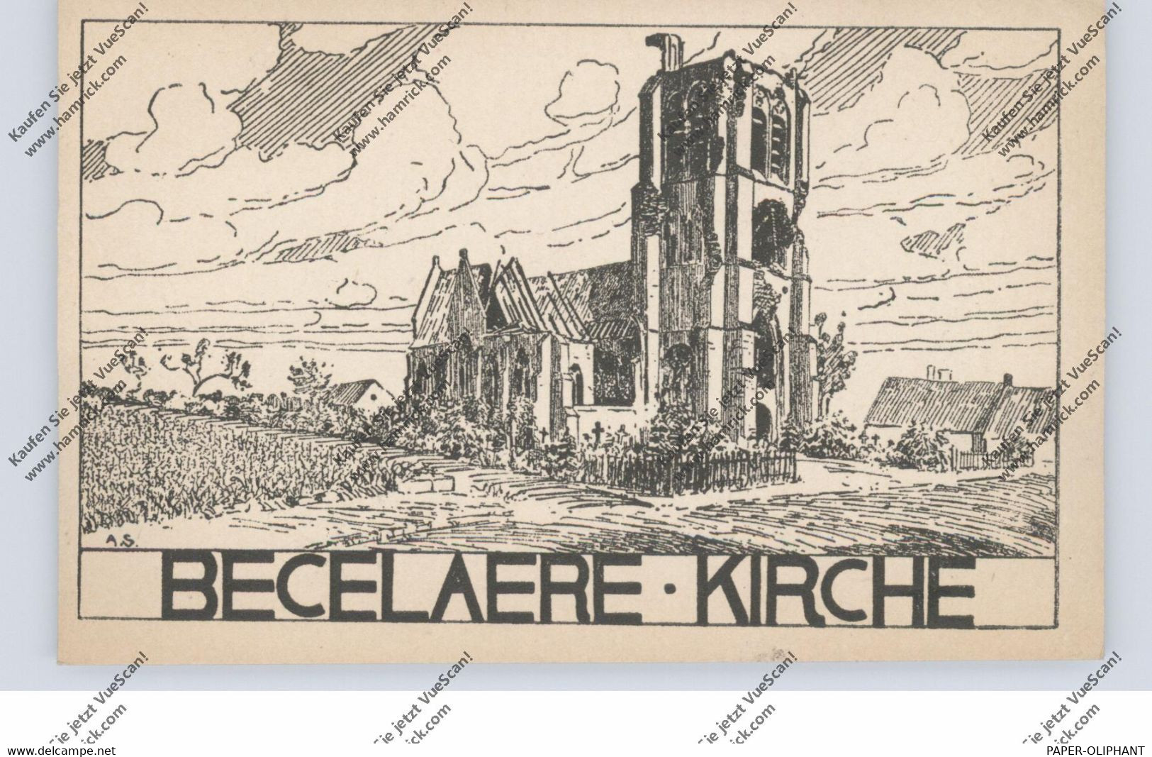 B 8980 ZONNEBEKE - BESELARE / Becelaere, Kirche, Künstler-Karte, 1.Weltkrieg - Zonnebeke