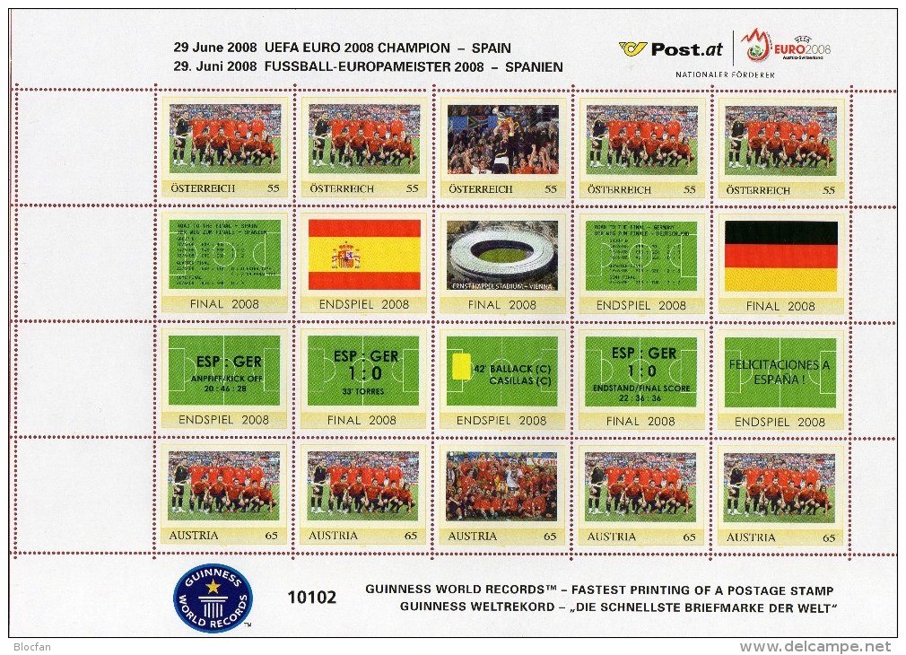 Europa-Champion Team ESPANA 2008 Österreich ZD 10 Im Kleinbogen ** 6€ Fußball-EM Hoja Hb M/s Soccer Se-tenant Bf Austria - Timbres Personnalisés