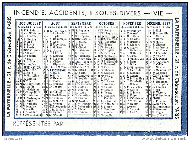 CALENDRIER 1937- LA PATERNELLE  RUE CHATEAUDUN PARIS- Mr VERNET - Klein Formaat: 1921-40