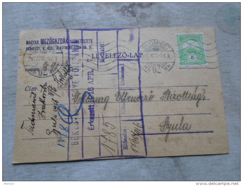 Hungary- Budapest  M.Mezög. Szöv. To Gyula - 1916 -Békés Vármegye Föispánja  Handstamp    D128897 - Covers & Documents