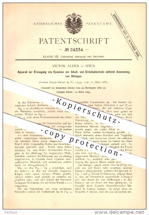 Original Patent - Victor Alder In Wien , 1895 , Apparat Zur Erzeugung Von Cyaniden Mittels Stickgas , Chemie !!! - Historical Documents