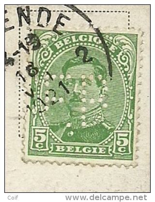 137 Op Postkaart Met Firmaperforatie (Perfin / Perfore) " F.B. " Met Stempel OOSTENDE - 1909-34