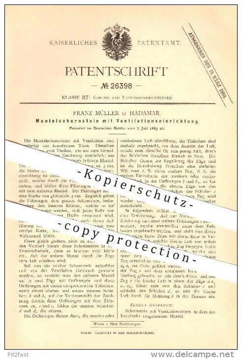 Original Patent - Franz Müller In Hadamar , 1883 , Schornstein Mit Ventilation , Ofenbau , Schornstein , Gebläse !!! - Hadamar