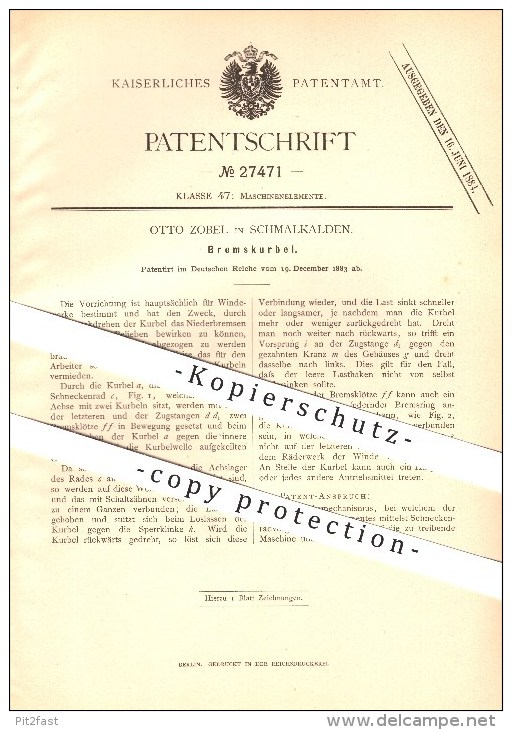 Original Patent - Otto Zobel In Schmalkalden , 1883 , Bremskurbel , Bremsen , Fahrzeuge !!! - Schmalkalden