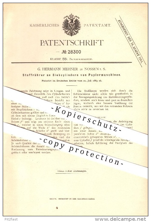 Original Patent - G. Hermann Mehner In Nossen , 1883 , Stoffrührer An Zylindern Von Papiermaschinen , Papier !!! - Nossen