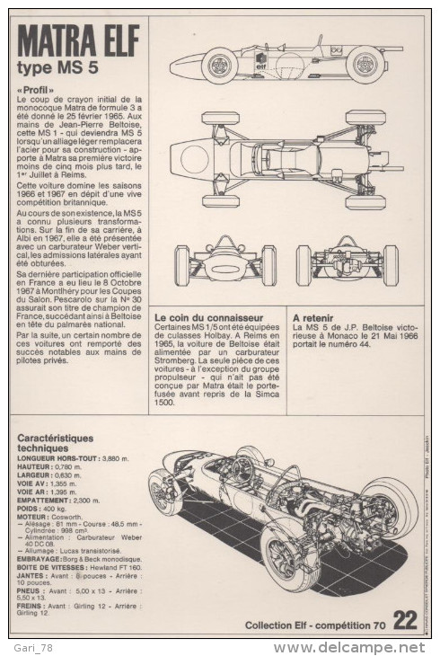 Collection ELF N° 22 - MATRA ELF TYpe MS 5 - Automobile - F1