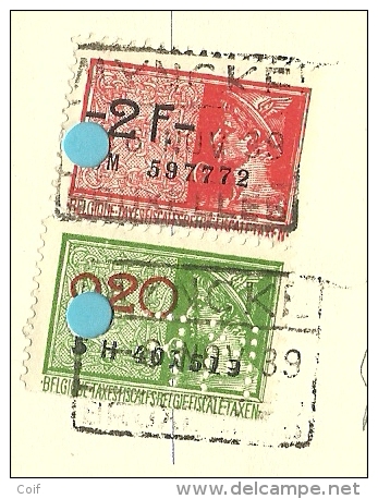 479+ Fiscalezegel Op Kaart Met Stempel BRUSSEL, Firmaperforatie (perfin) "M.F." Fabrique D'etiquettes Lithogaphie MYNCKE - 1934-51