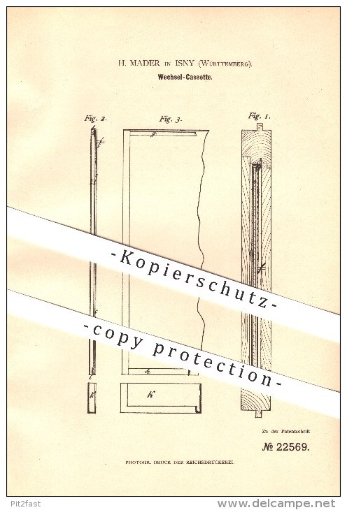 Original Patent - H. Mader In Isny , 1882 , Wechselkassette , Fotografie , Fotograf , Kamera !!! - Isny