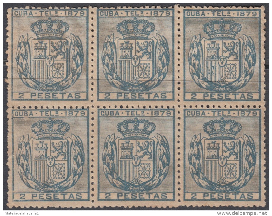 1879-30 CUBA. SPAIN. ESPAÑA. TELEGRAFOS. TELEGRAPH. Ed.48. 1879. BLOQUE DE 6 SIN GOMA. BLOCK 6 WITHOUT GUM. - Telegraphenmarken