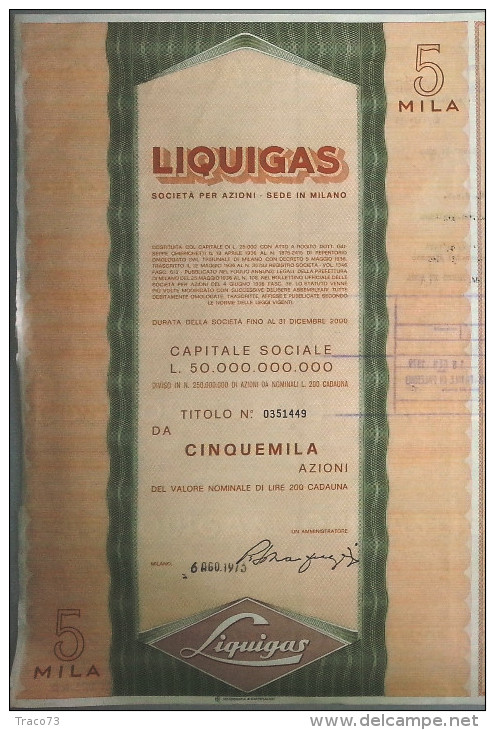 LIQUIGAS - SOCIETA´ PER AZIONI  /   TITOLO  AZIONARIO DA 5000  AZIONI  _  1974 - Elektriciteit En Gas