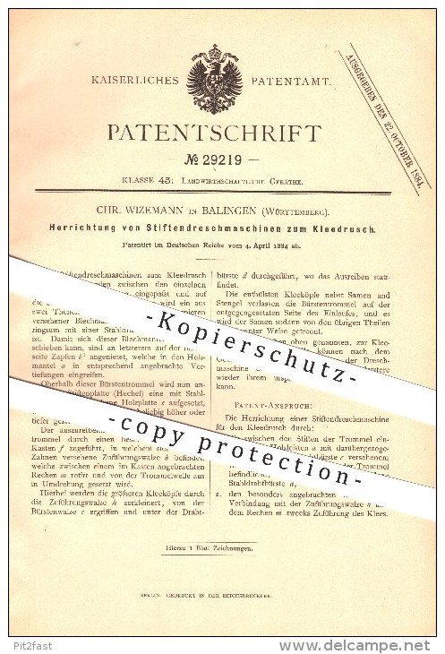 Original Patent - Chr. Wizemann In Balingen , 1884 , Herrichtung Von Stiftdreschmaschinen Zum Kleedrusch !!! - Balingen