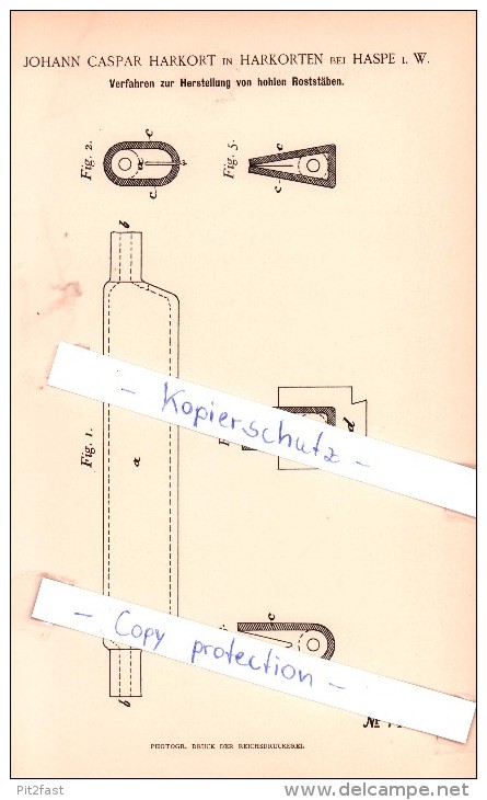 Original Patent - J. C. Harkort In Harkorten Bei Haspe I. W. , 1892 , Herstellung Von Roststäben , Hagen !!! - Hagen