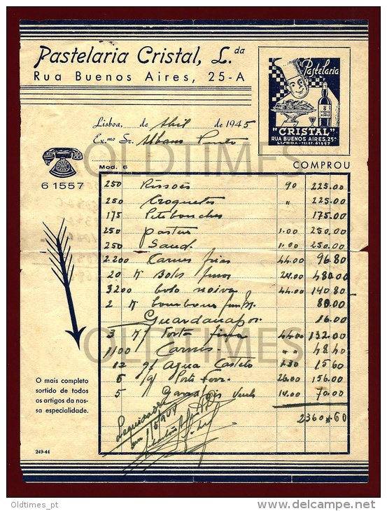 PORTUGAL - LISBOA - PASTELARIA CRISTAL - FACTURA - 1945 OLD INVOICE - Portugal