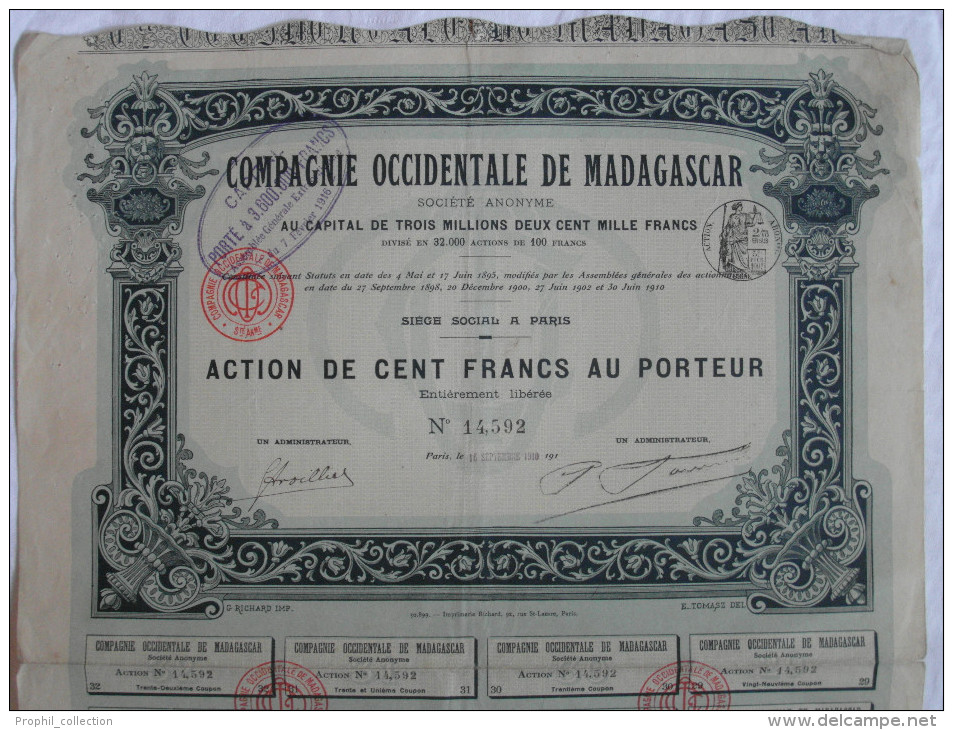 Action 1910 Compagnie Occidentale Madagascar 100 F Action Au Porteur TIMBRE HUMIDE Siege à Paris Emprunt Titre Coupons - Africa
