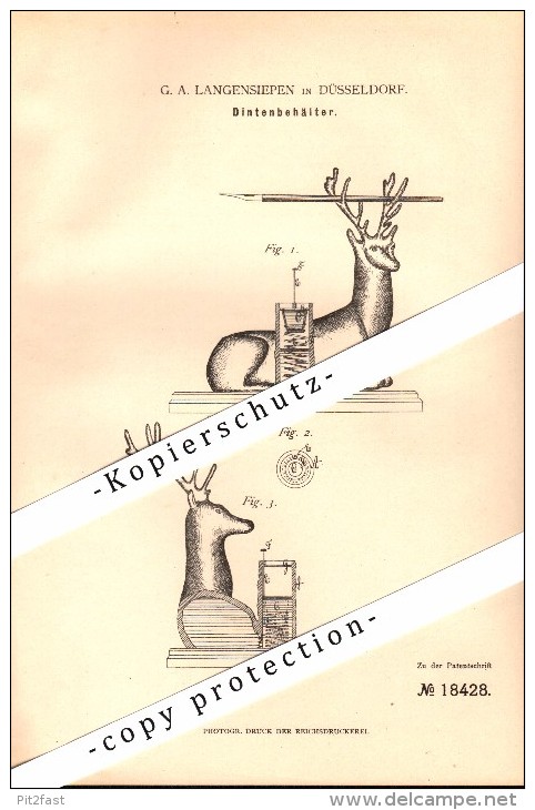 Original Patent - G.A. Langensiepen In Düsseldorf , 1881 , Tintenbehälter , Tintenfass , Hirsch !!! - Inkwells