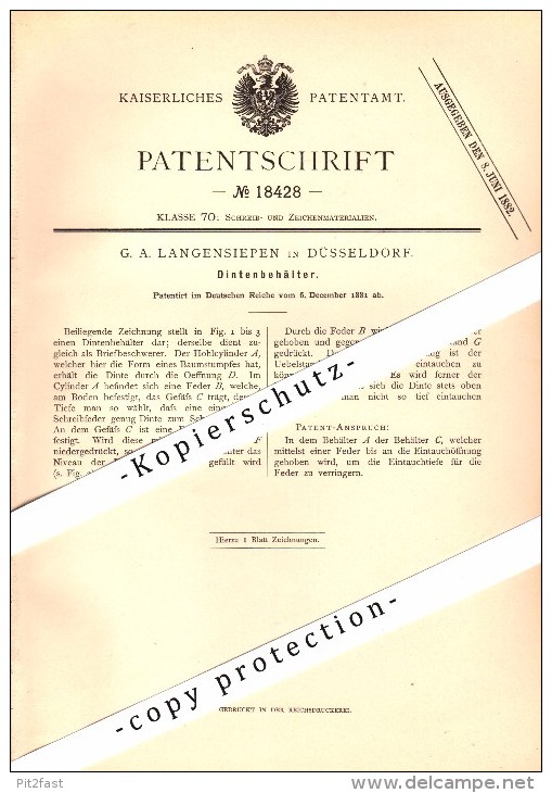 Original Patent - G.A. Langensiepen In Düsseldorf , 1881 , Tintenbehälter , Tintenfass , Hirsch !!! - Tintenfässer