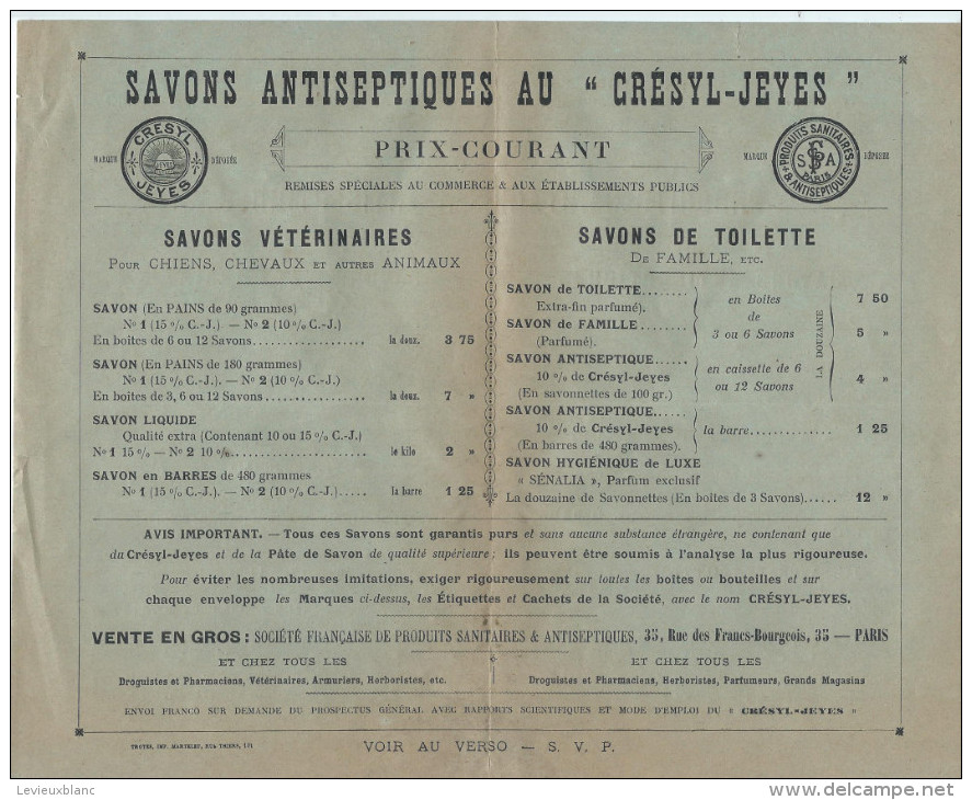 Prospectus/Société Française Des Produits Sanitaires Et Antiseptiques/Savons Antiseptiques Crésyl-Jeyes/1901       VP707 - Drogerie & Parfümerie