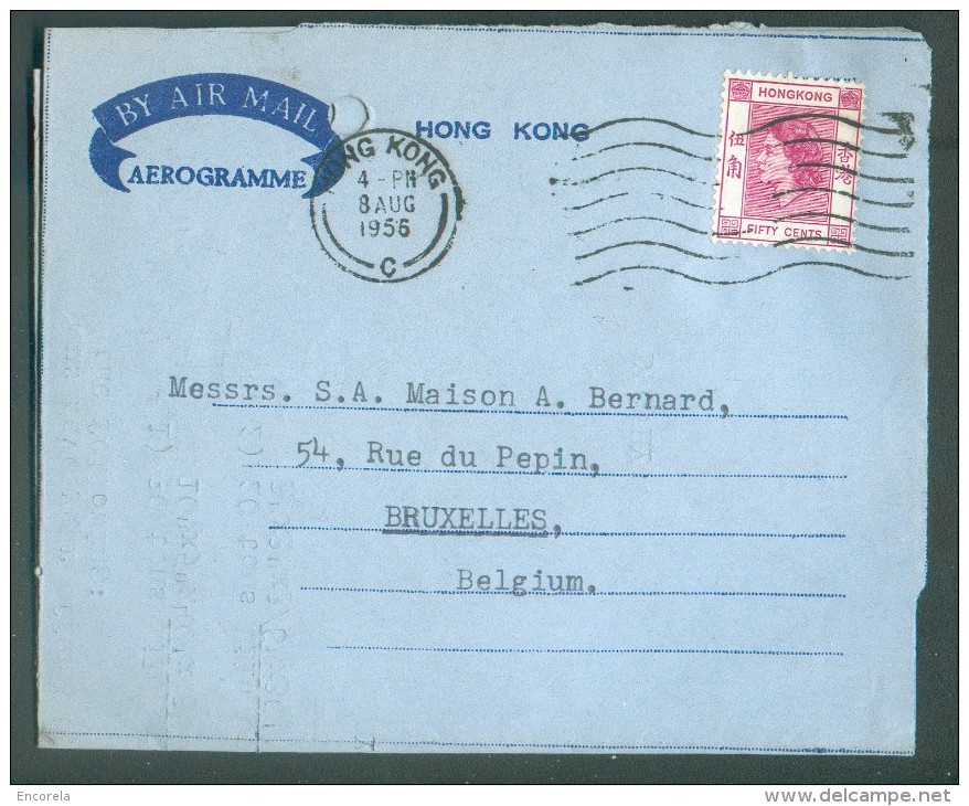 Postal Stationery AEROGRAMME 50 Cents Purple Elizabeth Cancelled HONG KONG 8 AUG. 1956 To Brussels (Belgium) - 10550 - Brieven En Documenten