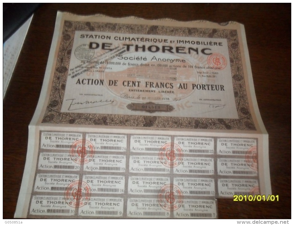 1928- ACTION De 100Frs  (**IMMOBILIERE De THORENC   ** ++ COUPONS ) Siege A PARIS - Tourism