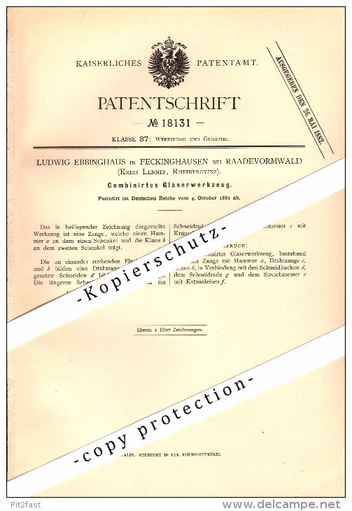 Original Patent - L. Ebbinghaus In Feckinghausen B. Radevormwald , 1881 , Werkzeug Für Glaser , Glas , Lennep  !!! - Radevormwald
