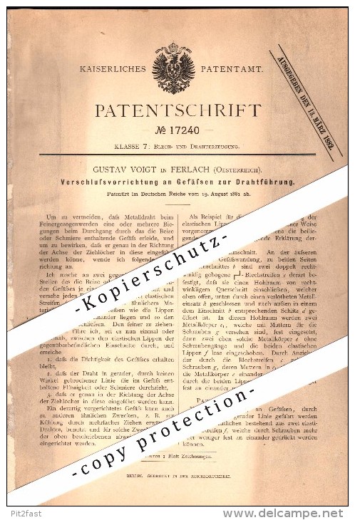 Original Patent - Gustav Voigt In Ferlach , Kärnten , 1881 , Verschluss An Gefäßen Zur Drahtführung !!! - Ferlach