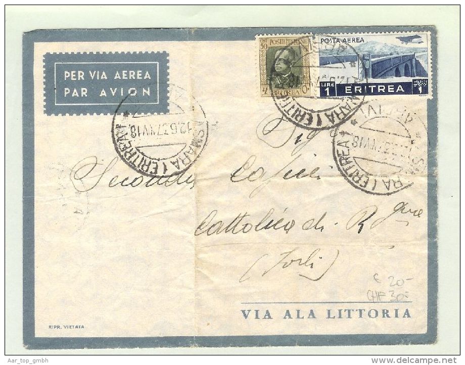 Afrika Eritrea 1937-06-12 Luftpostbrief Suara > Cattolica - Erythrée