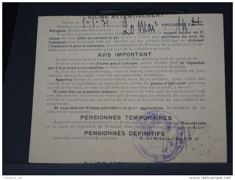 FRANCE- FORMULAIRE DE PENSIONS DE TOULOUSE EN RECOMMANDE AVEC ACCUSE  POUR TOULOUSE REDIRIGEE A PARIS EN 1931  LOT P3337 - Military Postmarks From 1900 (out Of Wars Periods)