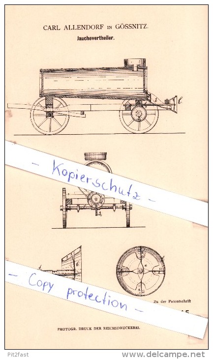 Original Patent - Carl Allendorf In Gössnitz , 1881 ,  Jauchevertheiler !!! - Heldrungen