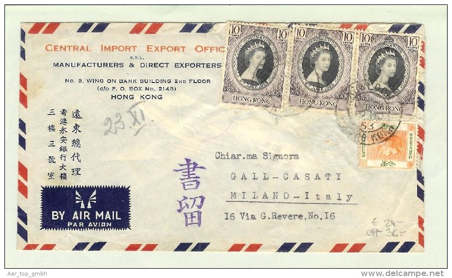 Hongkong 1953-10-19 Luftpost.Brief Nach Mailand $ 1.30 - Brieven En Documenten