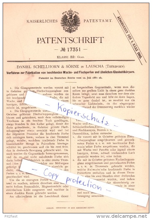 Original Patent - D. Schellhorn & Söhne In Lauscha , Thüringen , 1881 , Wachs- Und Fischperlen !!! - Lauscha