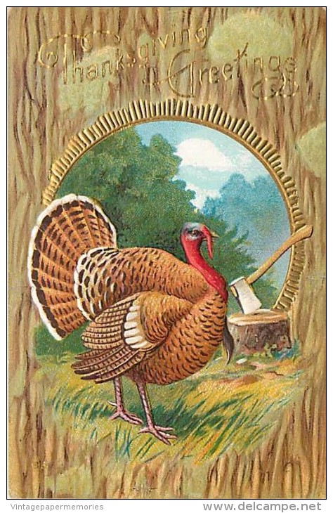 107782-Thanksgiving, Nash Series No 20-2, Tom Turkey Near Stump With Axe, Embossed Litho - Thanksgiving