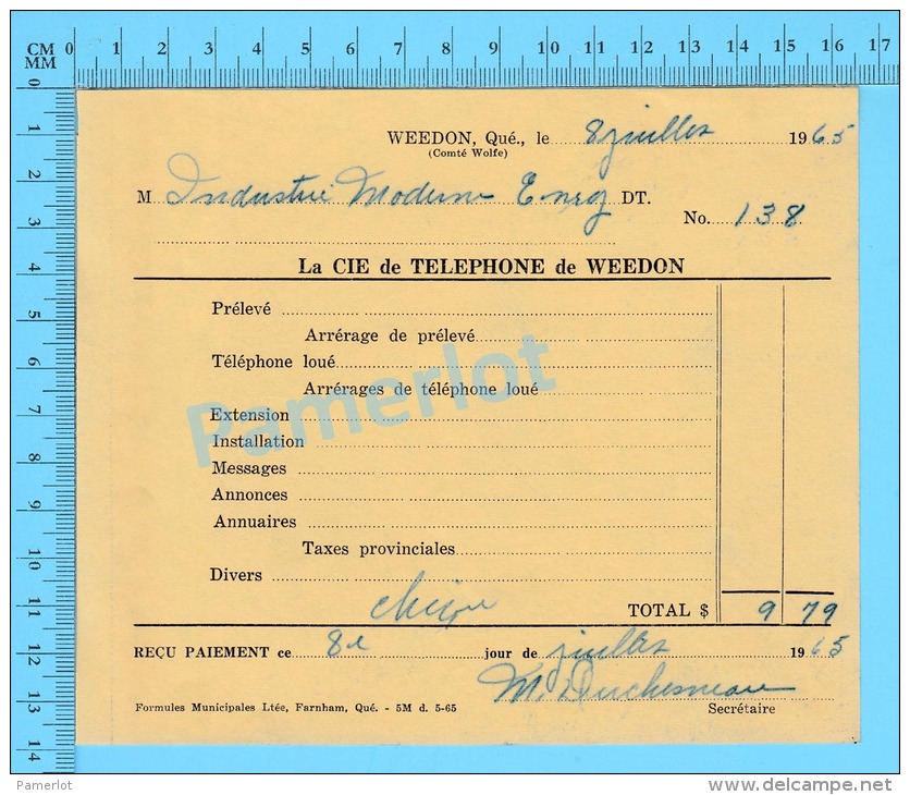 Facture 1965 à (Industrie Moderne Enrg. " Par La Cie De Téléphone De Weedon P. Quebec Canada" ) - Kanada