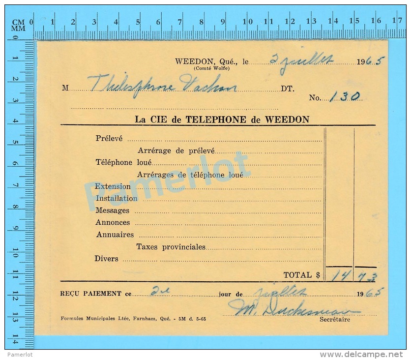 Facture 1965 à ( M. Thélesphore Vachon "  Par La Cie De Téléphone De Weedon P. Quebec Canada" ) - Kanada