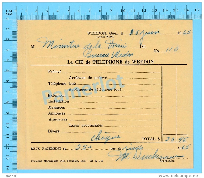 Facture 1965 à ( Ministère De La Voirie Bureau Weedon "  Par La Cie De Téléphone De Weedon P. Quebec Canada" ) - Canada