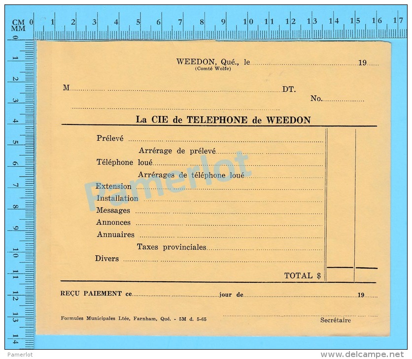 Facture 1965 à ( Blanc "  Par La Cie De Téléphone De Weedon P. Quebec Canada" ) - Canada