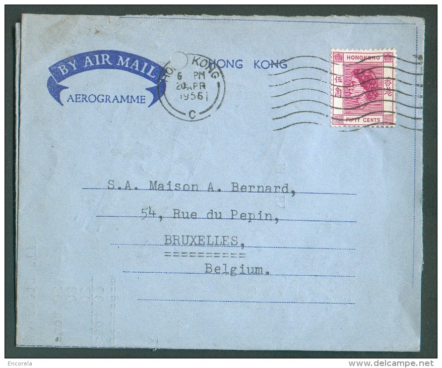 Postal Stationery AEROGRAMME 50 Cents Purple Elizabeth Cancelled HONG KONG 20 APR. 1956 To Brussels (Belgium) - 10154 - Cartas & Documentos