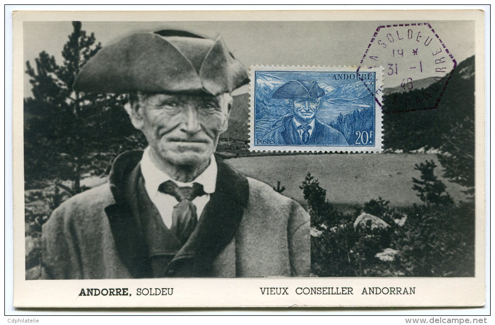 ANDORRE CARTE MAXIMUM DU N°115  20F. VIGUIER ET LE LAC DE............OBLITERATION 31-1-46 SOLDEU - Cartoline Maximum