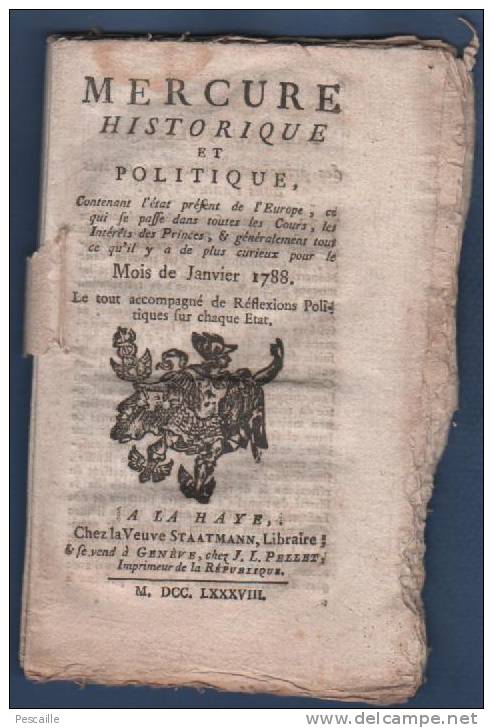 MERCURE HISTORIQUE ET POLITIQUE 01 1788 - TURQUIE RUSSIE HONGRIE POLOGNE TUNIS CLUNY ASSEMBLEES PROVINCIALES ROUEN - Journaux Anciens - Avant 1800