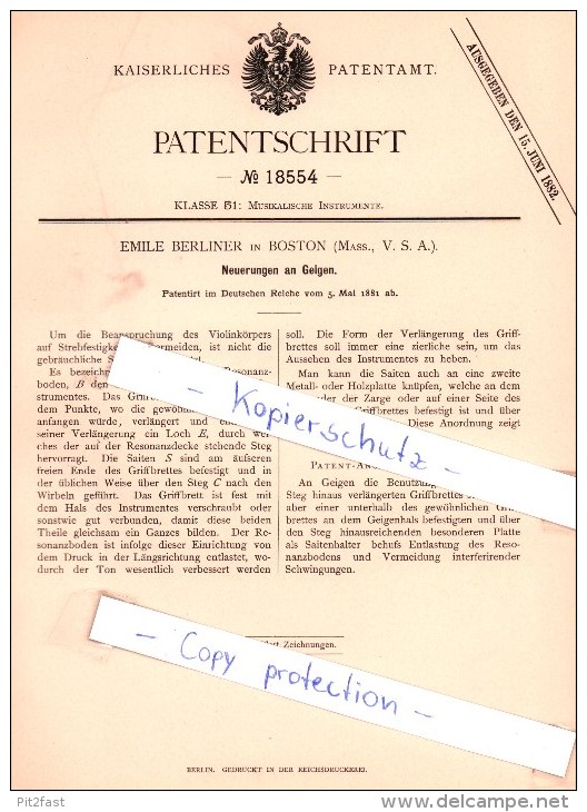 Original Patent - Emile Berliner In Boston , Mass., USA , 1881 , Neuerungen An Geigen , Geige , Violine !!! - Musical Instruments