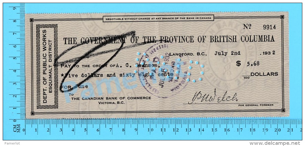 BC Canada Esquimalt (Government Check Wage Stampless, Cover Sooke Bc, Dept Of Public Works For $5.68 In 1932 Recto/Verso - Chèques & Chèques De Voyage