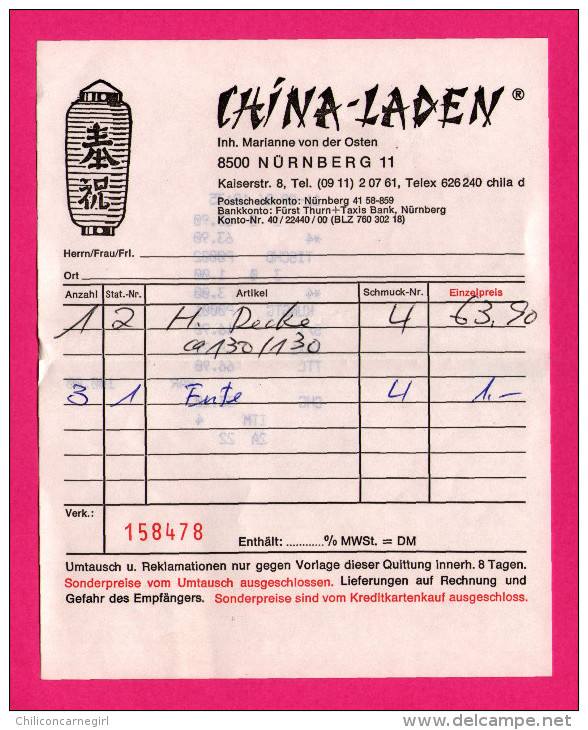 Facture - China-Laden - Inh. Marianne Von Der Osten - Nürnberg - 1986 - Alimentos