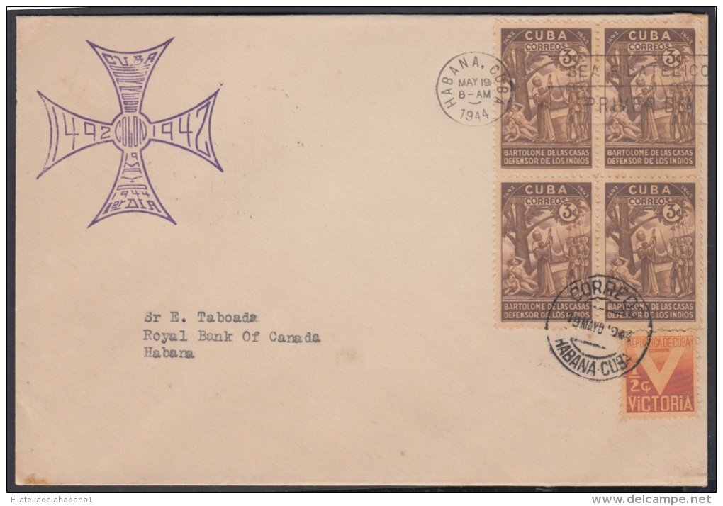 1944-FDC-4 CUBA. REPUBLICA. 1944. DESCUBRIMIENTO DE AMERICA. CRISTOBAL COLON. COLUMBUS. BLOCK 4. PLATE NUMBER. COMPLETE - Neufs