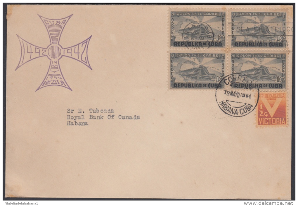 1944-FDC-4 CUBA. REPUBLICA. 1944. DESCUBRIMIENTO DE AMERICA. CRISTOBAL COLON. COLUMBUS. BLOCK 4. PLATE NUMBER. COMPLETE - Ungebraucht